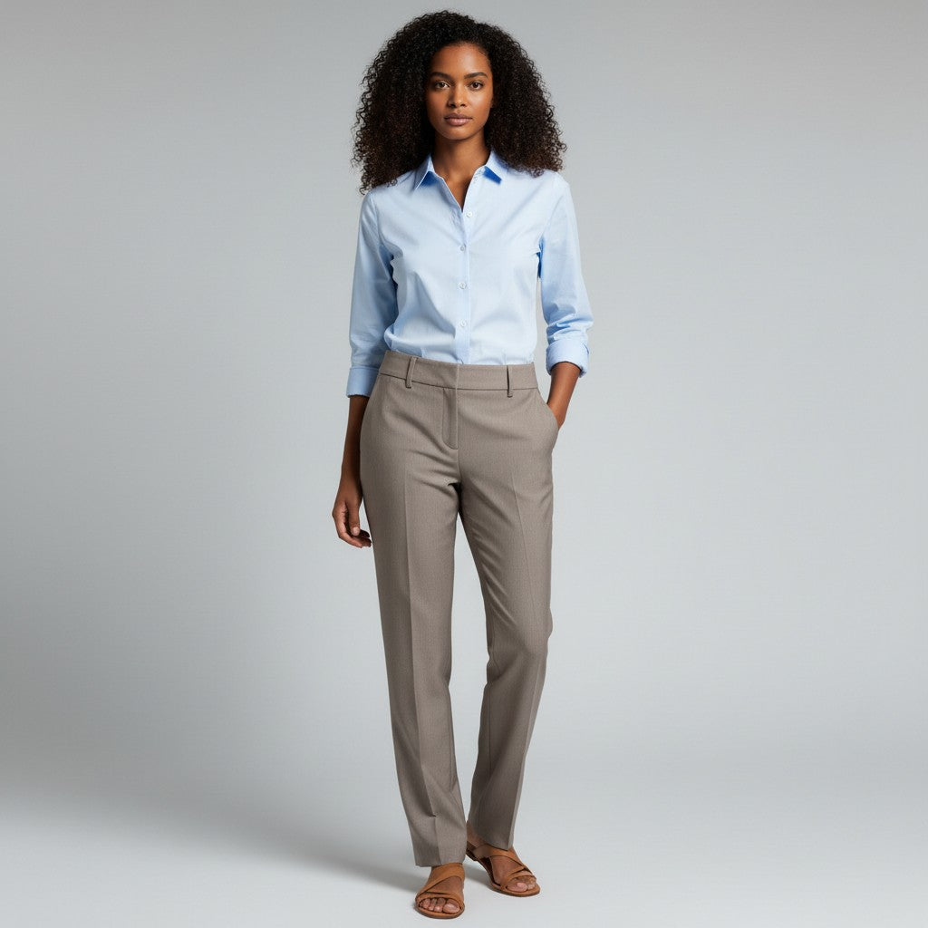 A woman stands against a light gray studio background wearing a light blue button-up shirt tucked into tailored taupe trousers, with brown flat sandals.