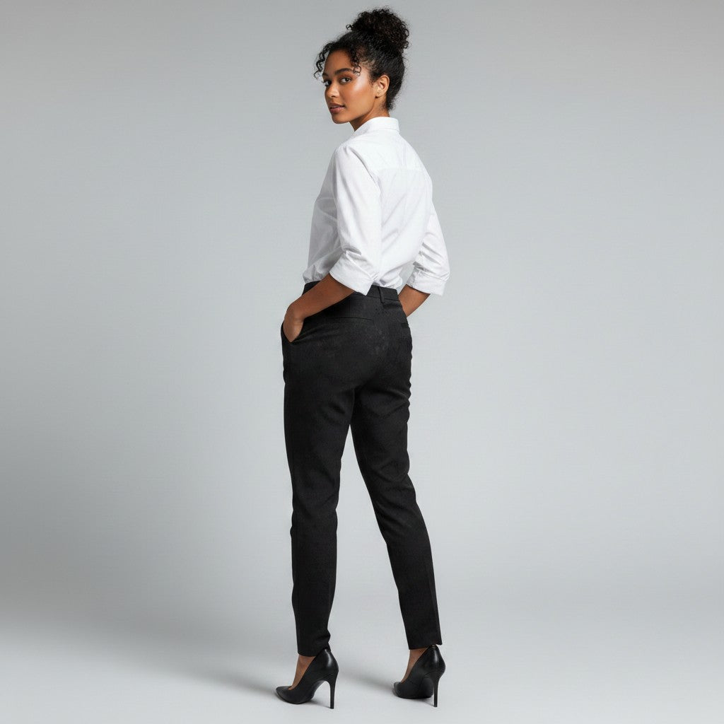 A woman posing from a side-back angle wearing black slim-fit trousers, a white button-down shirt, and black high heels against a light gray studio background.