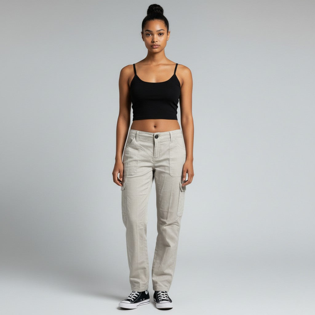 A model stands against a light gray studio background wearing light beige cargo pants, a black ribbed crop top, and black sneakers.
