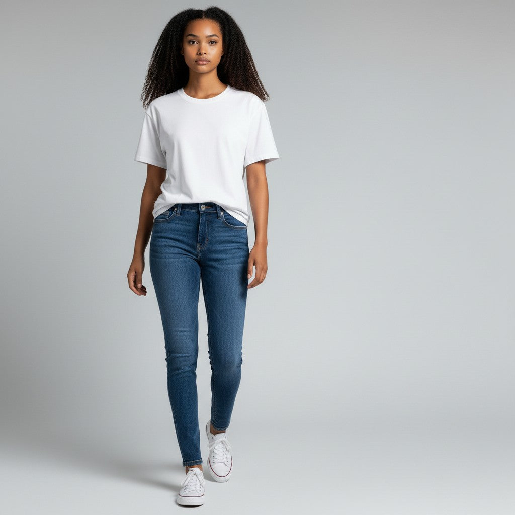 A woman modeling a pair of dark blue skinny jeans with a white t-shirt and white sneakers, standing against a light gray studio background.