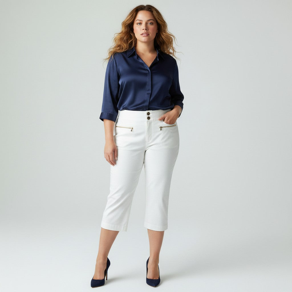 A woman modeling a navy blue satin button-down shirt and white cropped pants with gold zipper details, paired with navy blue heels, against a light gray studio background.