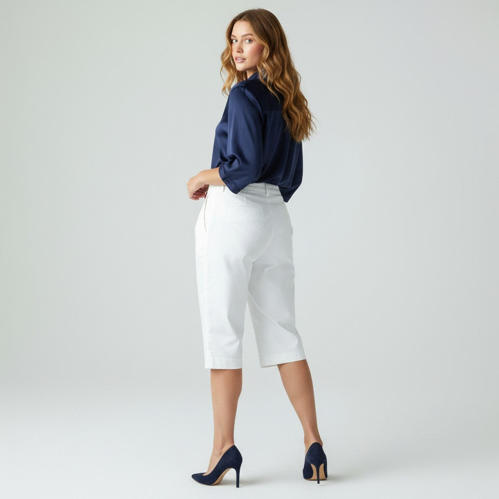 A woman modeling white cropped pants with a navy blue blouse and navy blue heels, photographed from the back against a light gray studio background.