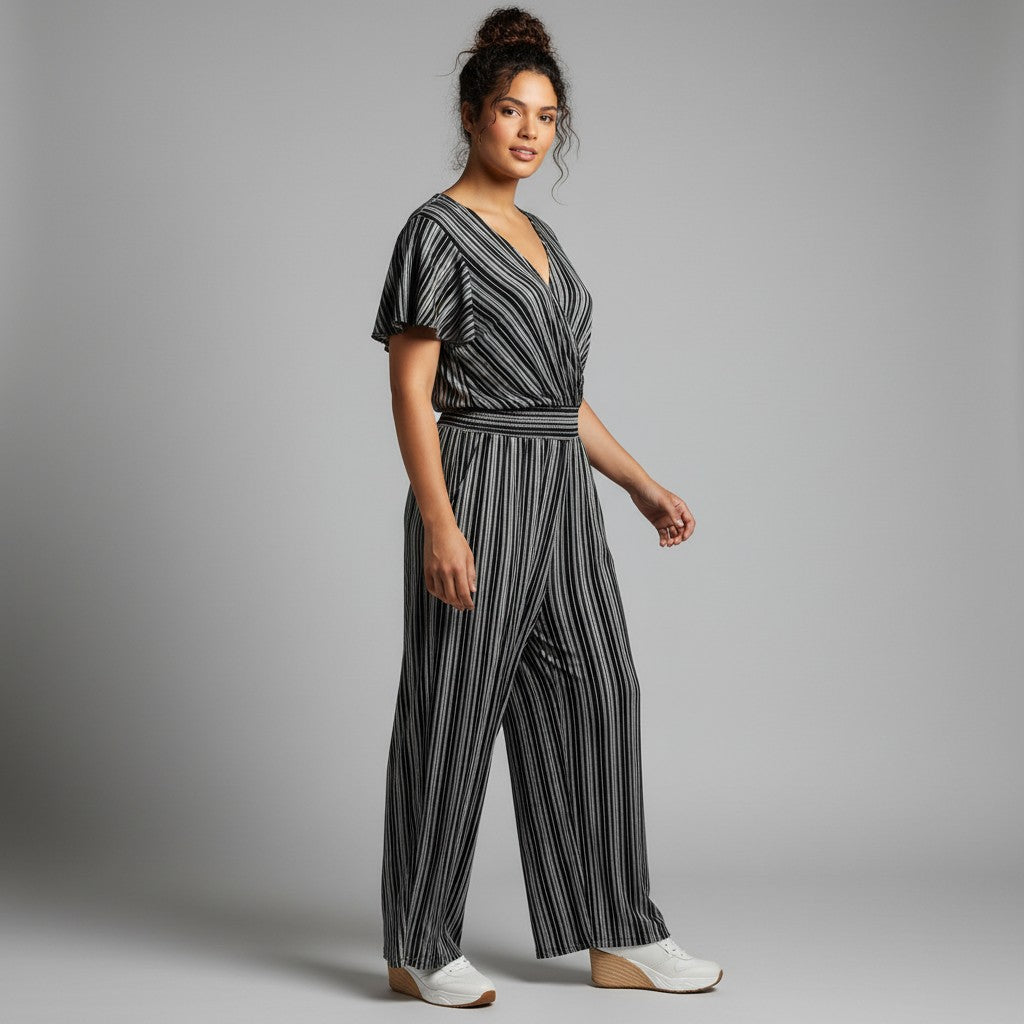 A woman modeling a black and white vertically striped jumpsuit with flutter sleeves and a wrap-style V-neck bodice, posed against a neutral gray studio background.