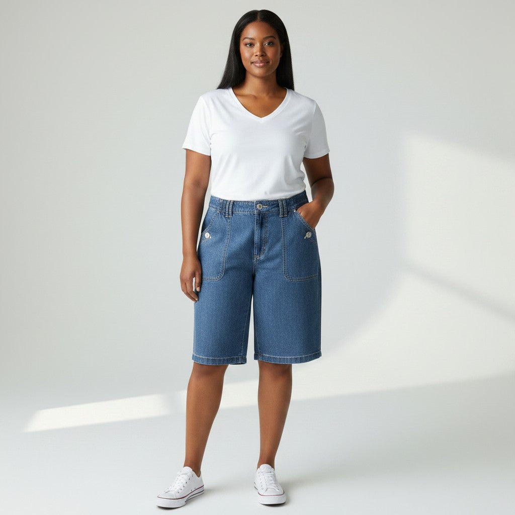A woman modeling blue denim shorts with a white V-neck t-shirt and white sneakers, standing against a light gray studio background with soft diagonal shadows.