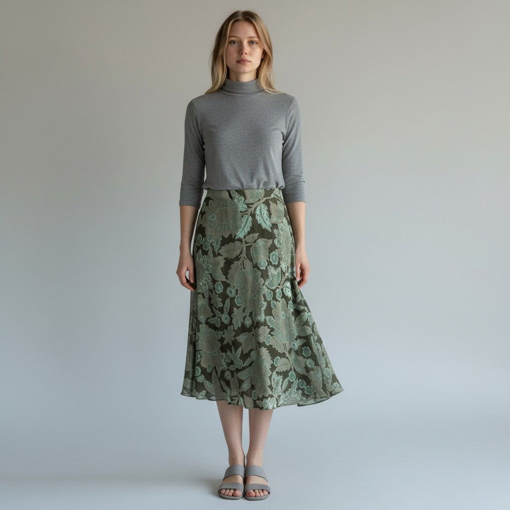 A woman stands against a plain light gray studio background wearing a gray mock-neck long-sleeve top and a green floral patterned midi skirt with gray sandals.