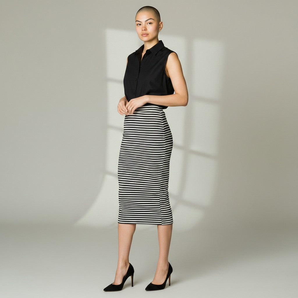 A woman modeling a sleeveless black collared top and a black-and-white horizontally striped knee-length pencil skirt, paired with black high heels, against a light gray studio background with soft window-like shadows.