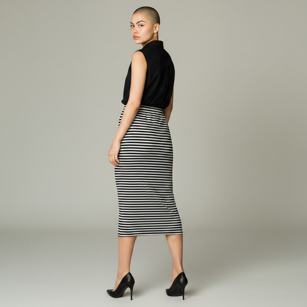 A woman stands in profile wearing a sleeveless black top and a black-and-white horizontally striped midi skirt with black high heels, photographed against a plain light gray studio background.