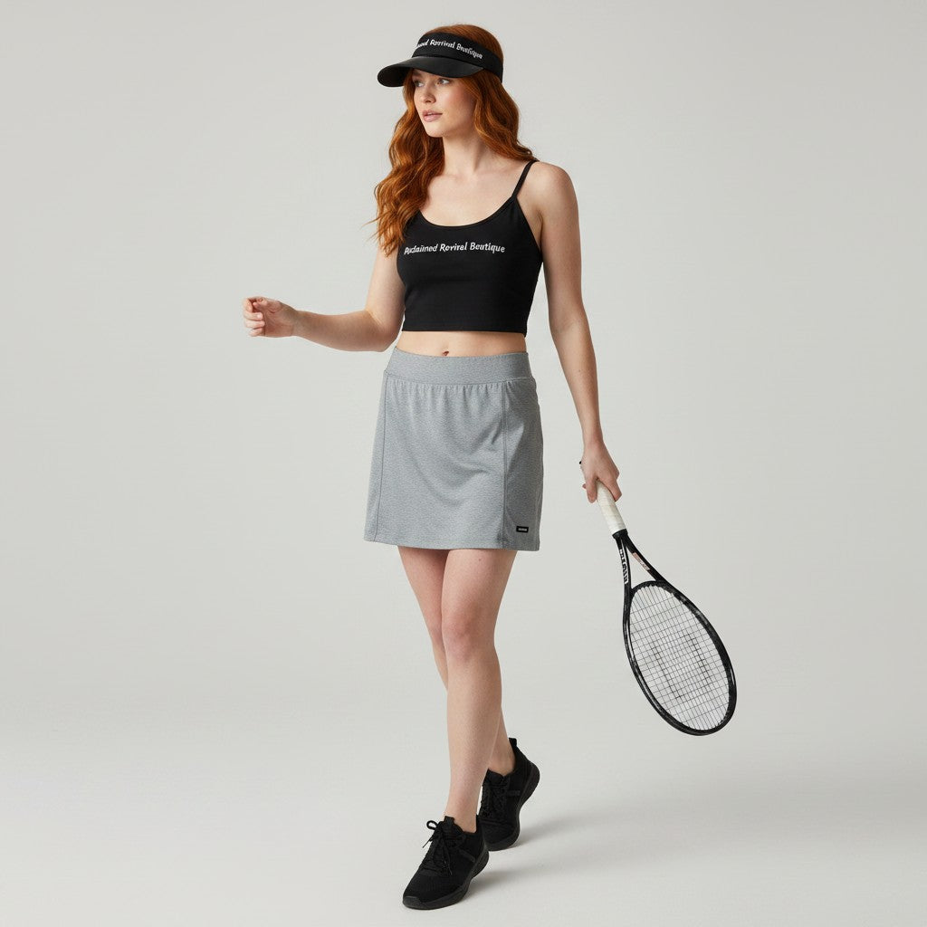 A woman modeling a gray athletic tennis skirt with a black sports bra and black visor, holding a tennis racket against a light gray studio background.