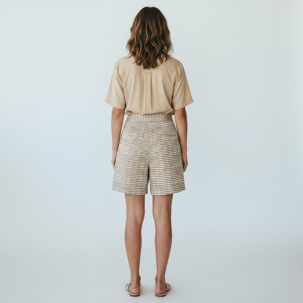 A woman viewed from behind wearing a beige short-sleeve top and textured beige-and-white striped shorts, standing against a light gray studio background.
