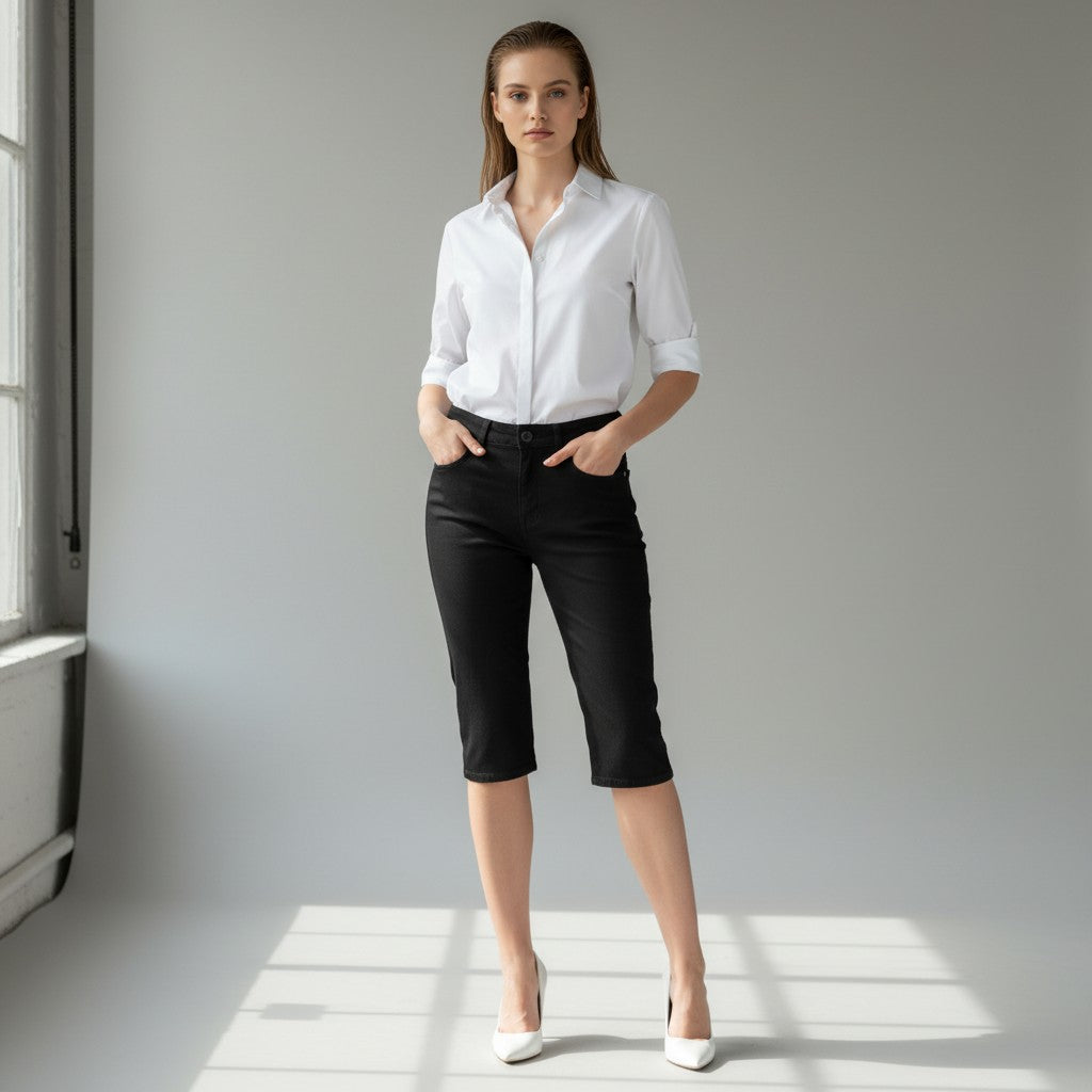 A woman stands in a bright studio wearing a white button-up blouse with rolled sleeves, black capri pants, and white pointed heels.
