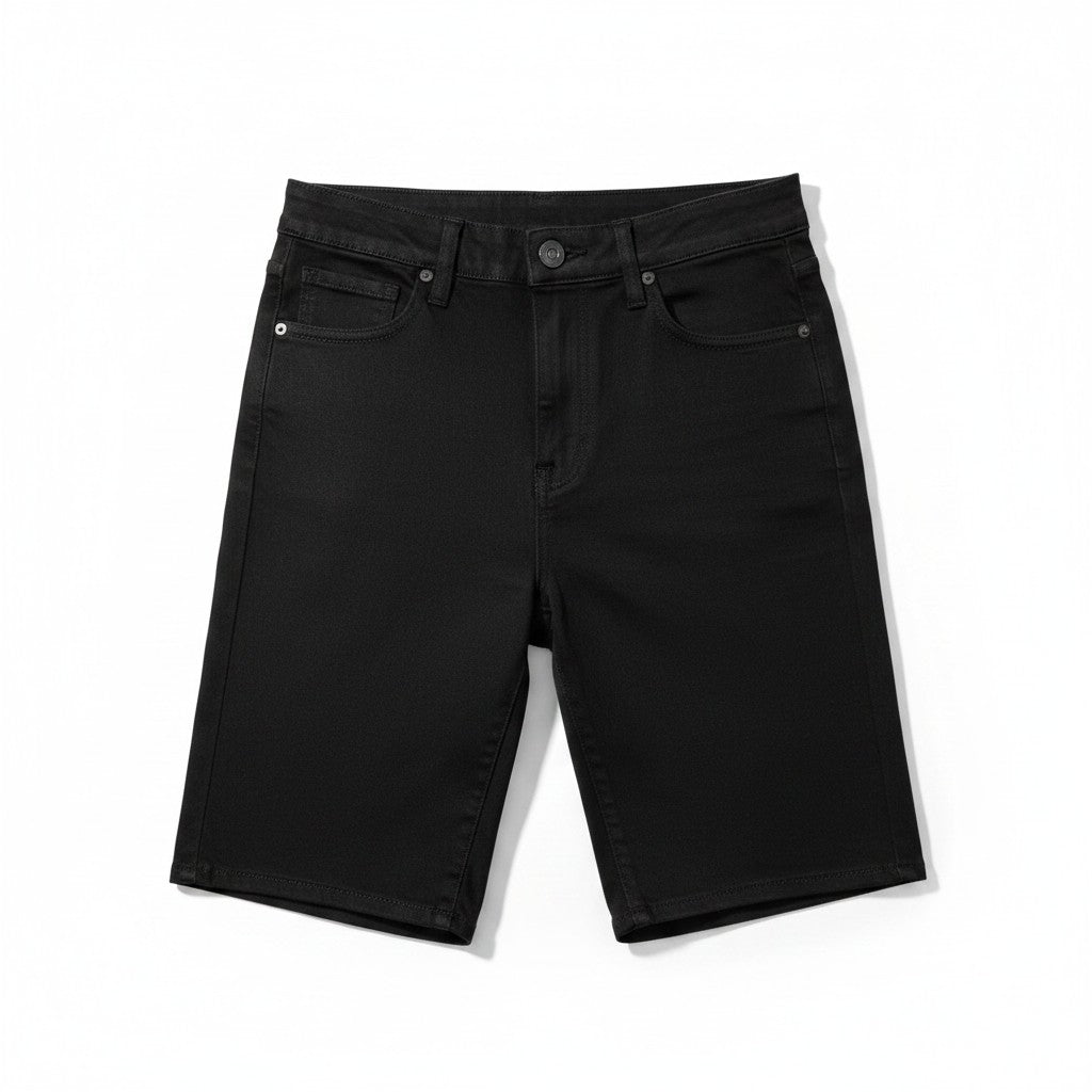Black denim shorts with a button closure, belt loops, and front pockets, photographed flat on a white background.