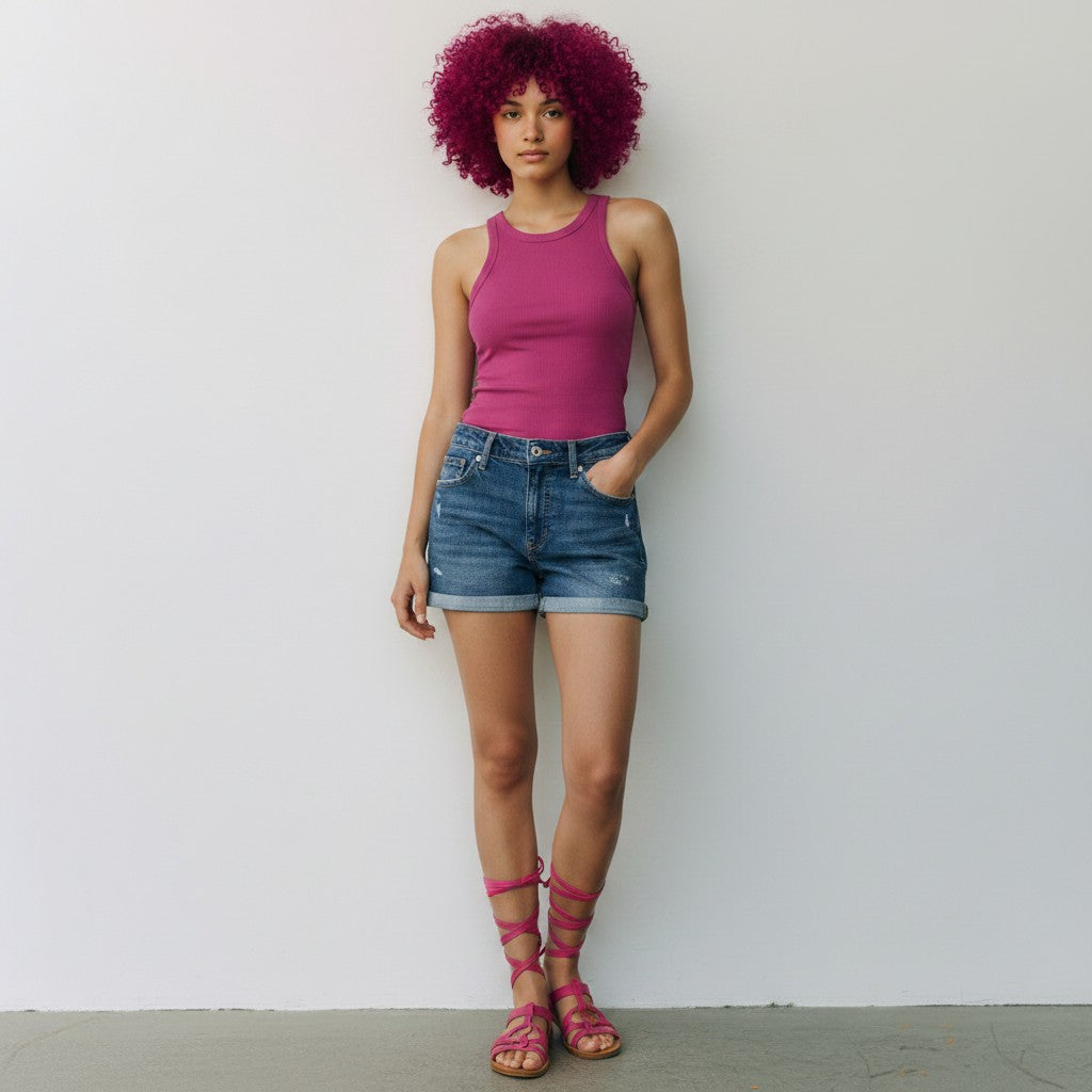 A woman with a bright magenta afro stands against a plain white wall wearing a sleeveless magenta tank top, blue denim shorts, and matching pink strappy sandals.
