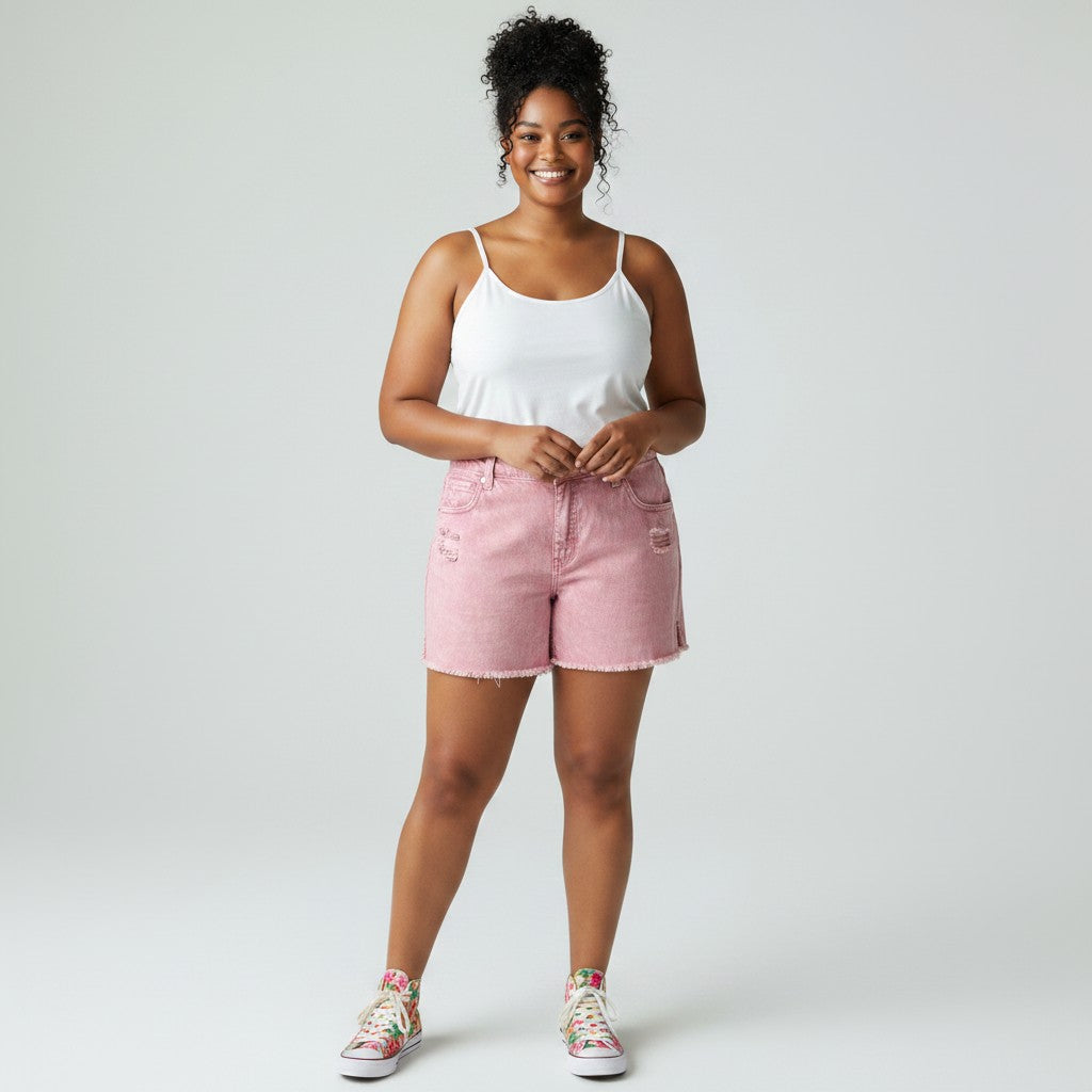 A woman modeling a white spaghetti-strap tank top and light pink denim shorts with distressed details, paired with colorful sneakers, against a light gray studio background.