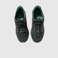 A gray, pink, and turquoise sneaker on a light gray background.