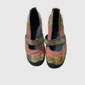 A pair of women's Mary Jane style shoes with a dusty pink canvas upper, decorated with colorful floral embroidery and a matching embroidered hook-and-loop strap, shown against a light gray background.