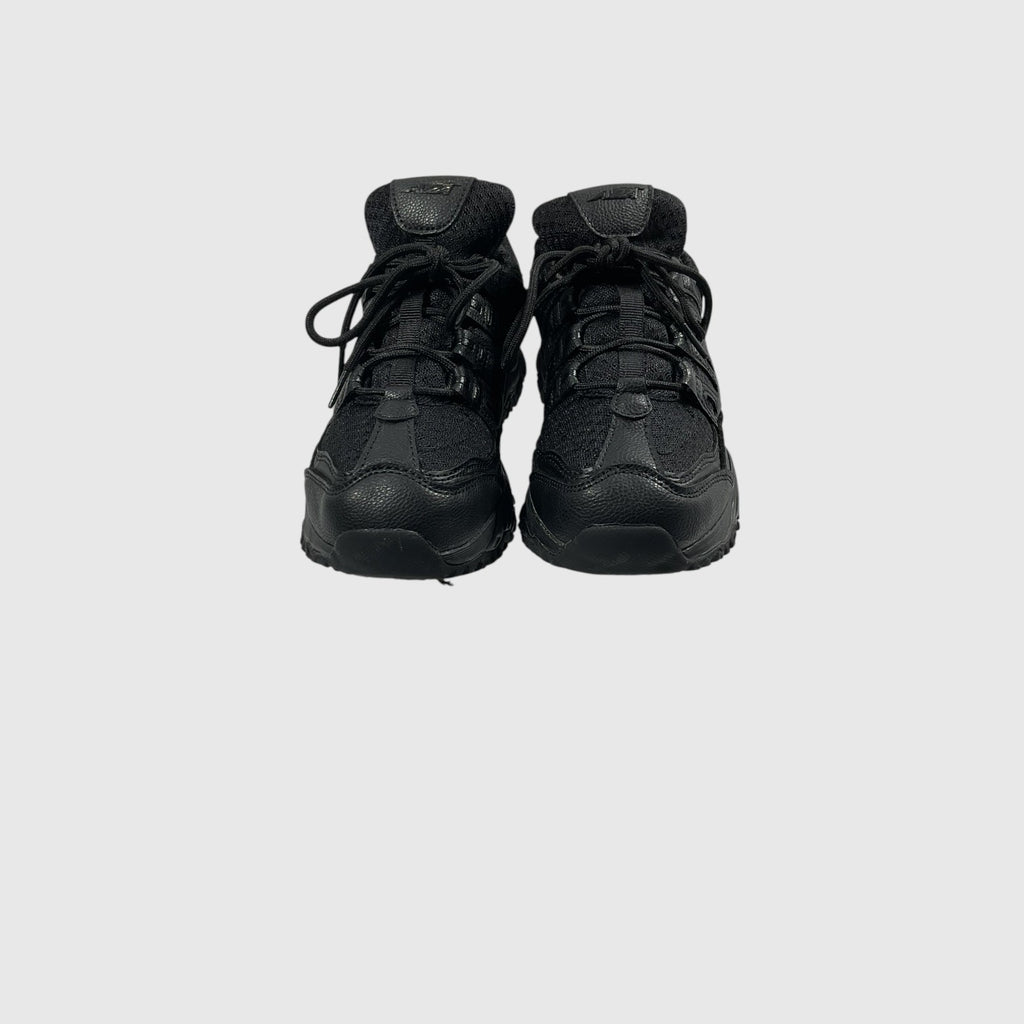 A pair of black high-top athletic sneakers shown from the front against a light gray background.