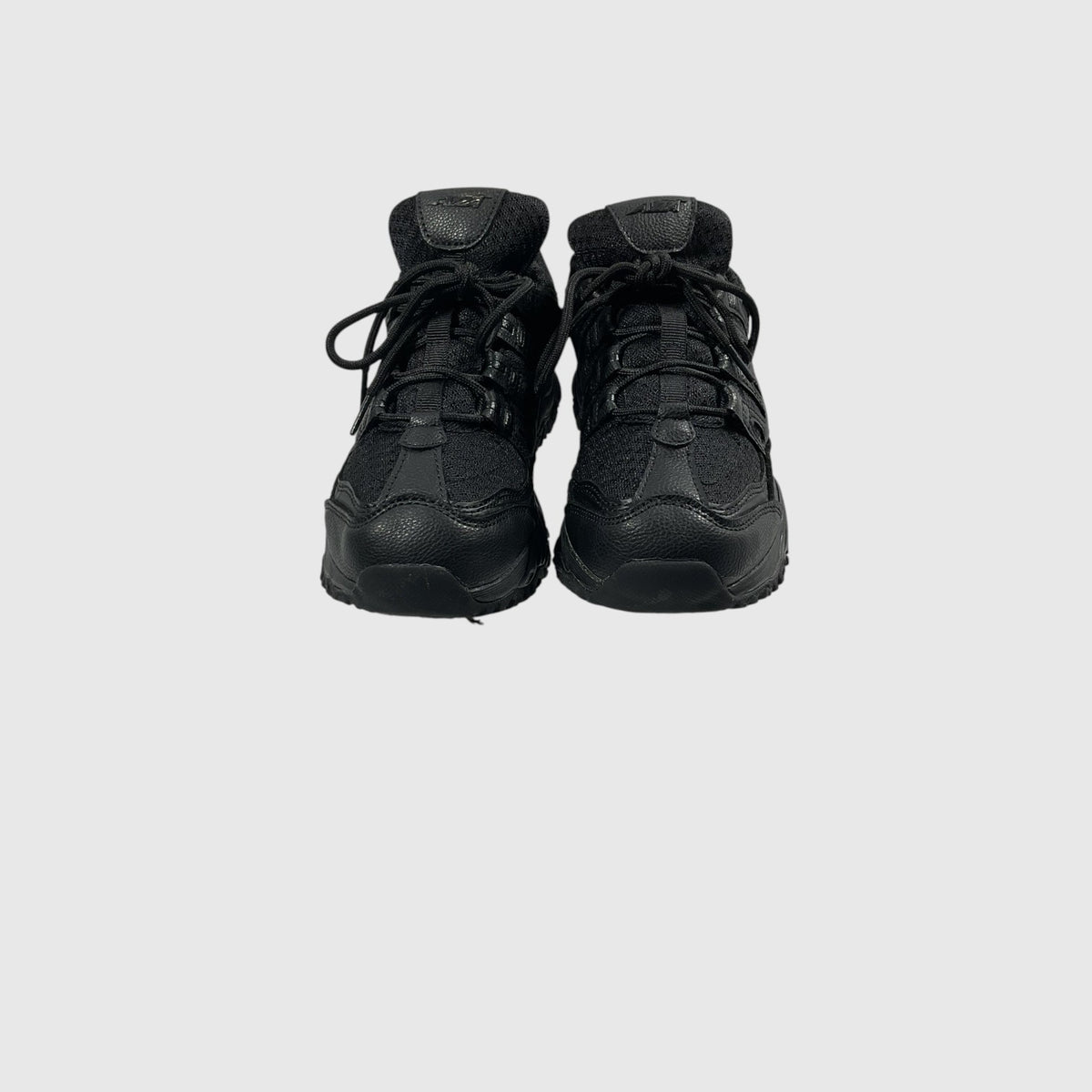 A pair of black high-top athletic sneakers shown from the front against a light gray background.