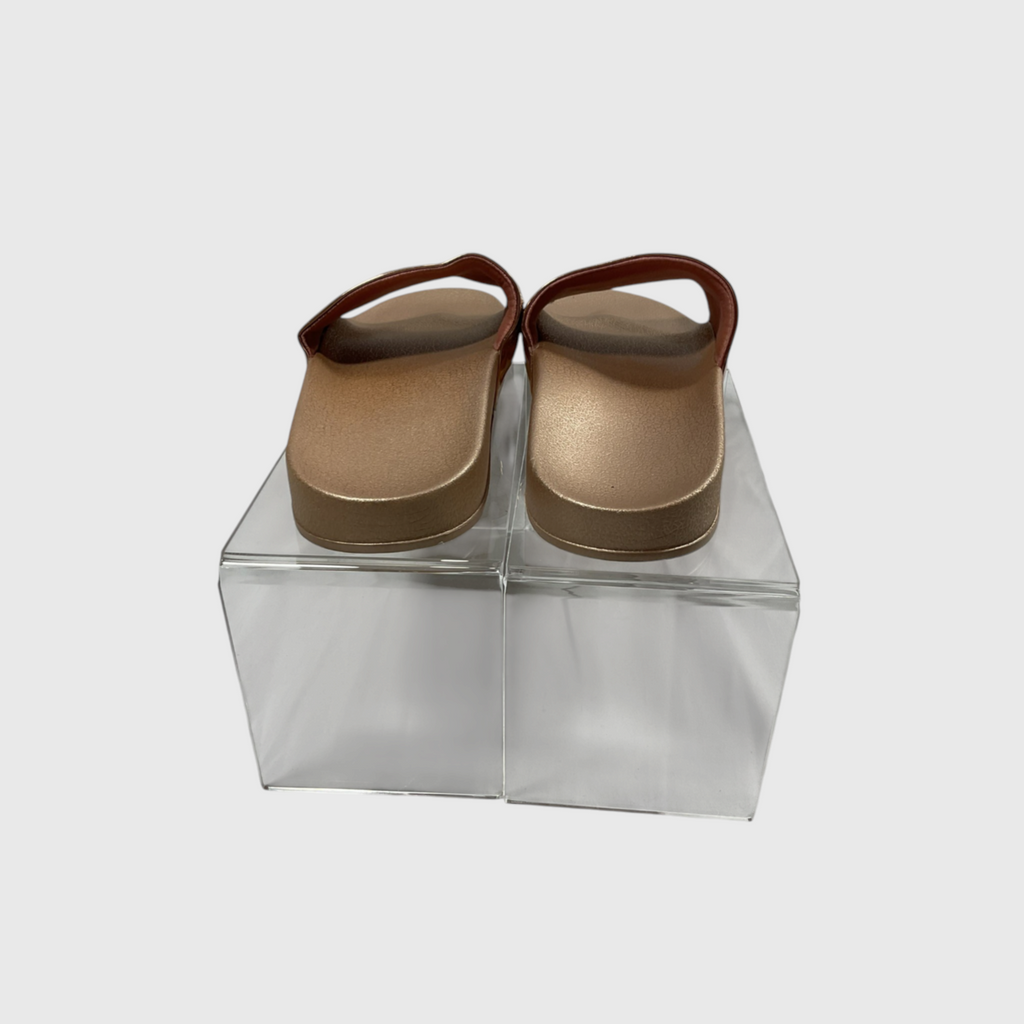 A pair of metallic gold clog-style sandals with brown straps, displayed on a clear acrylic block against a light gray background.