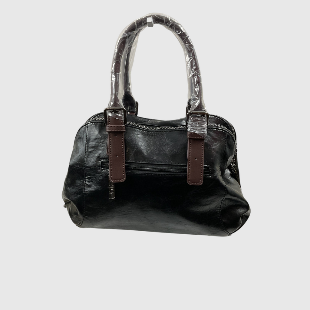 Black leather handbag with brown leather trim and handles wrapped in protective plastic, shown against a light gray background.