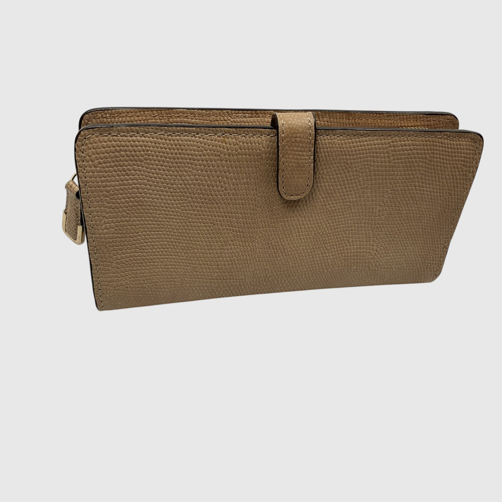 A brown textured leather clutch wallet with a top strap closure and a side zipper, shown on a light gray background.