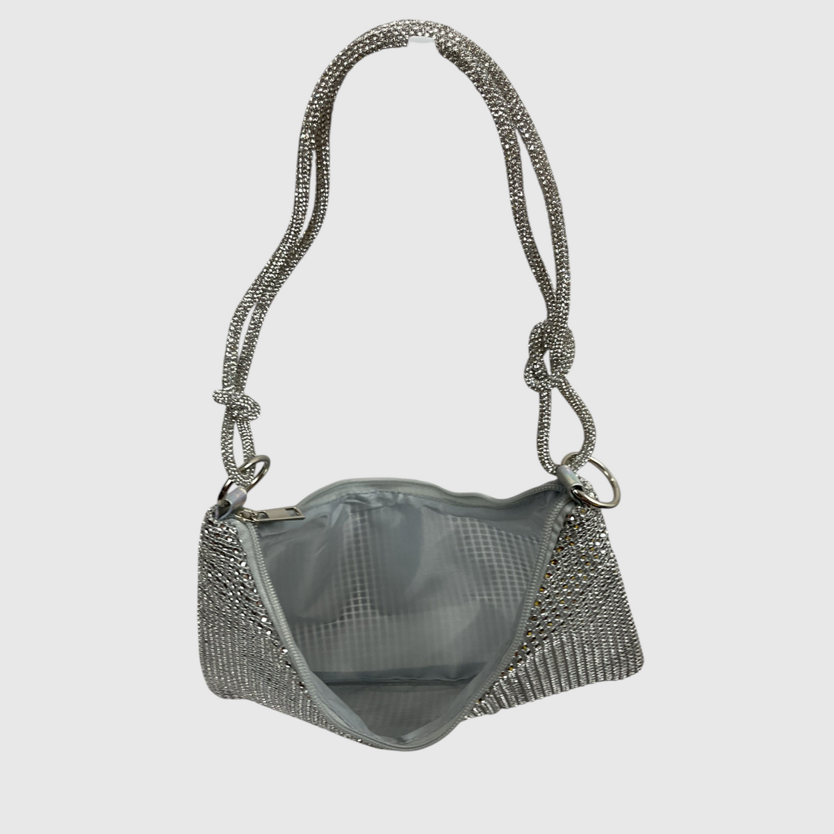 A silver rhinestone-embellished shoulder bag with a matching chain strap, shown open against a light gray background.