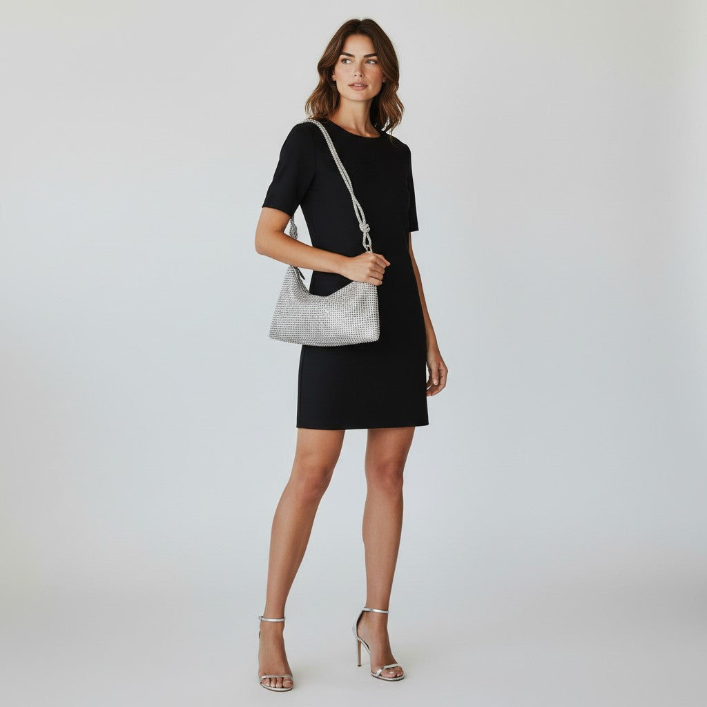 A woman modeling a black short-sleeve mini dress and silver textured shoulder bag against a light gray studio background.