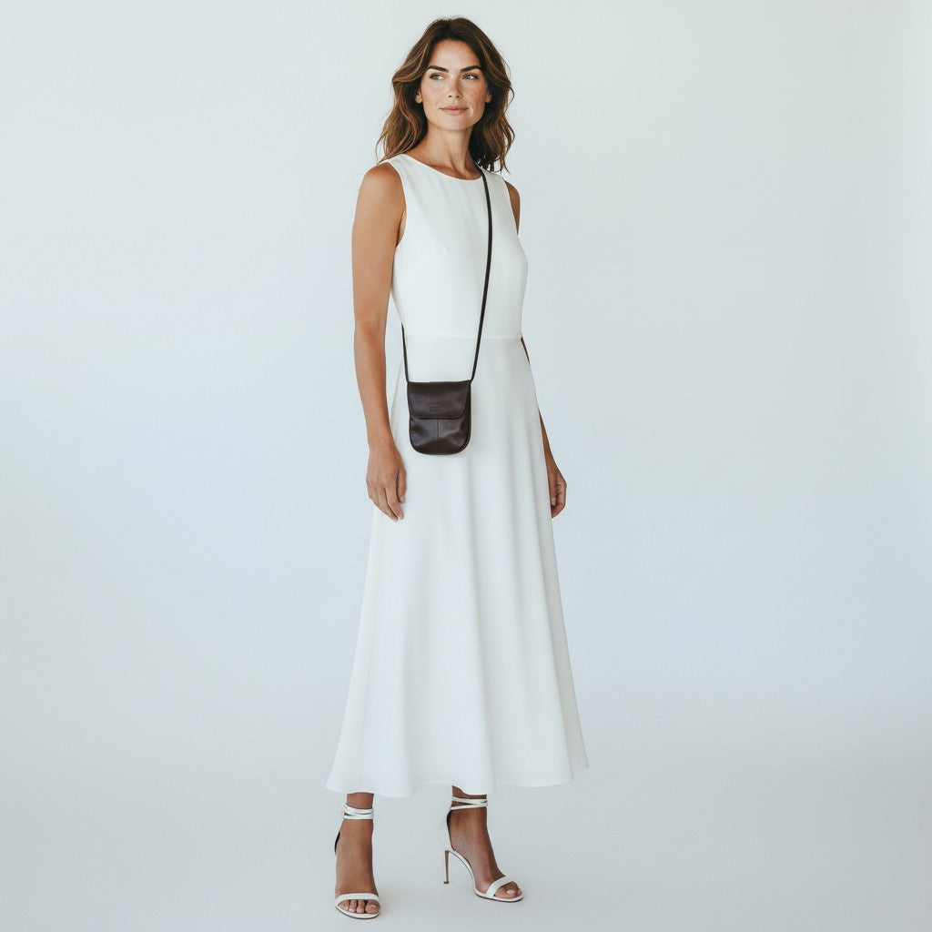 A woman modeling a sleeveless white maxi dress with a small dark brown crossbody bag and white heeled sandals, photographed against a light gray studio background.