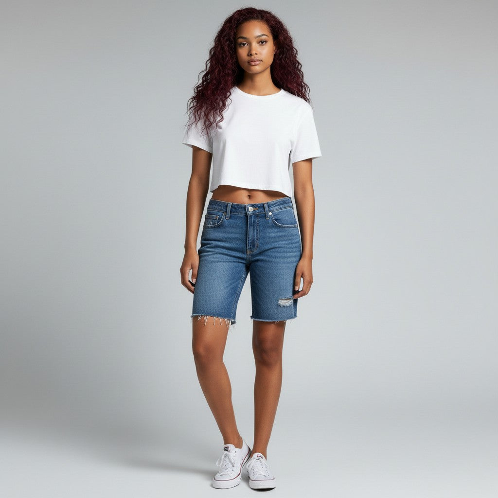 A model wearing a white cropped t-shirt, blue denim shorts with distressed details, and white sneakers, standing against a light gray studio background.