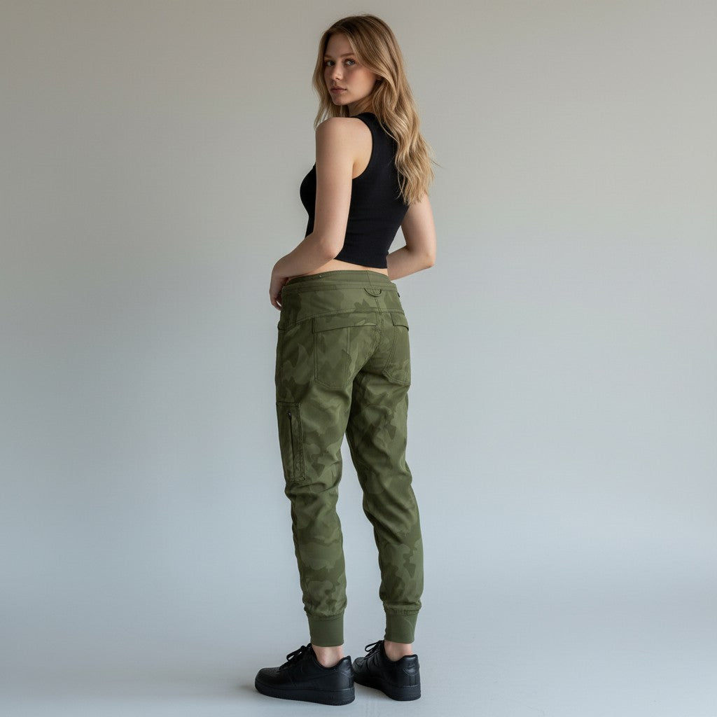 A woman stands in a studio wearing olive green cargo jogger pants, a black sleeveless crop top, and black sneakers, photographed against a plain light gray background.