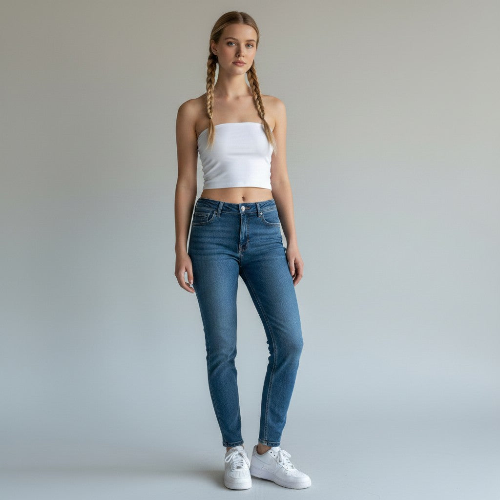 A woman with blonde braids stands against a light gray studio background wearing a white cropped tank top, blue skinny jeans, and white sneakers.