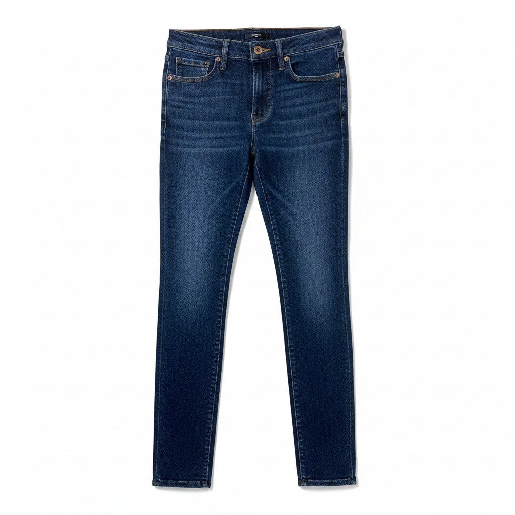 A pair of dark blue slim-fit jeans with whiskering and subtle fading on the thighs, shown flat against a white background.