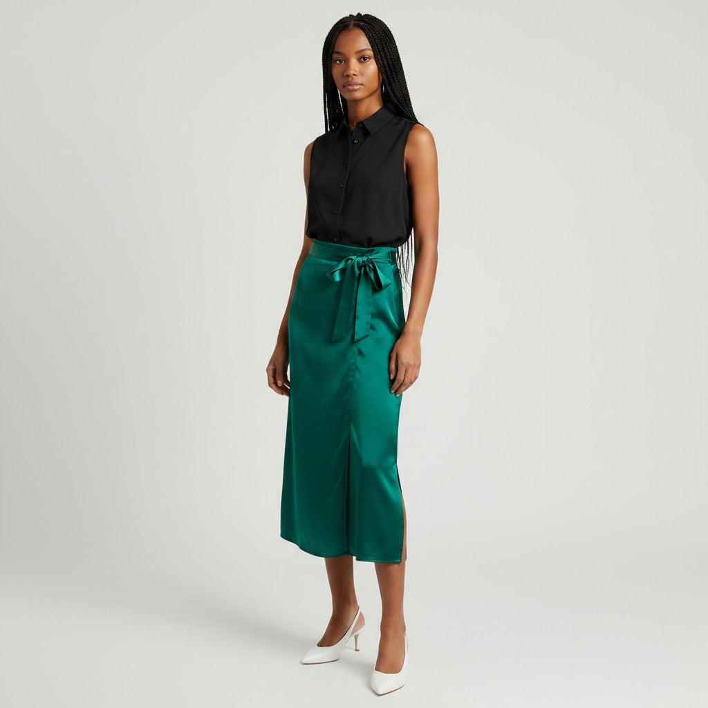 A woman modeling a sleeveless black top and a high-waisted, satin-like emerald green midi skirt with a tie waist, paired with white pointed-toe heels, against a light gray studio background.