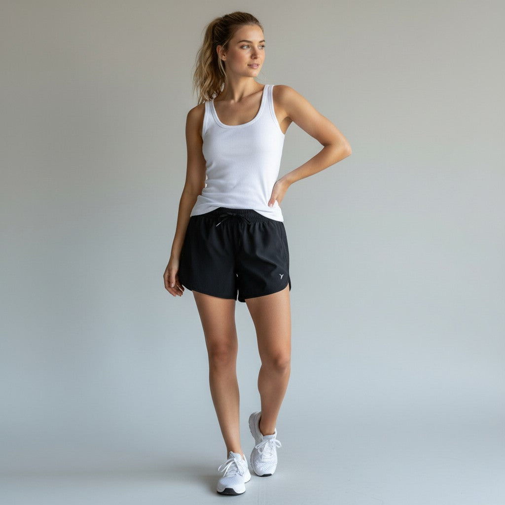 A woman modeling black athletic shorts and a white tank top against a light gray studio background.