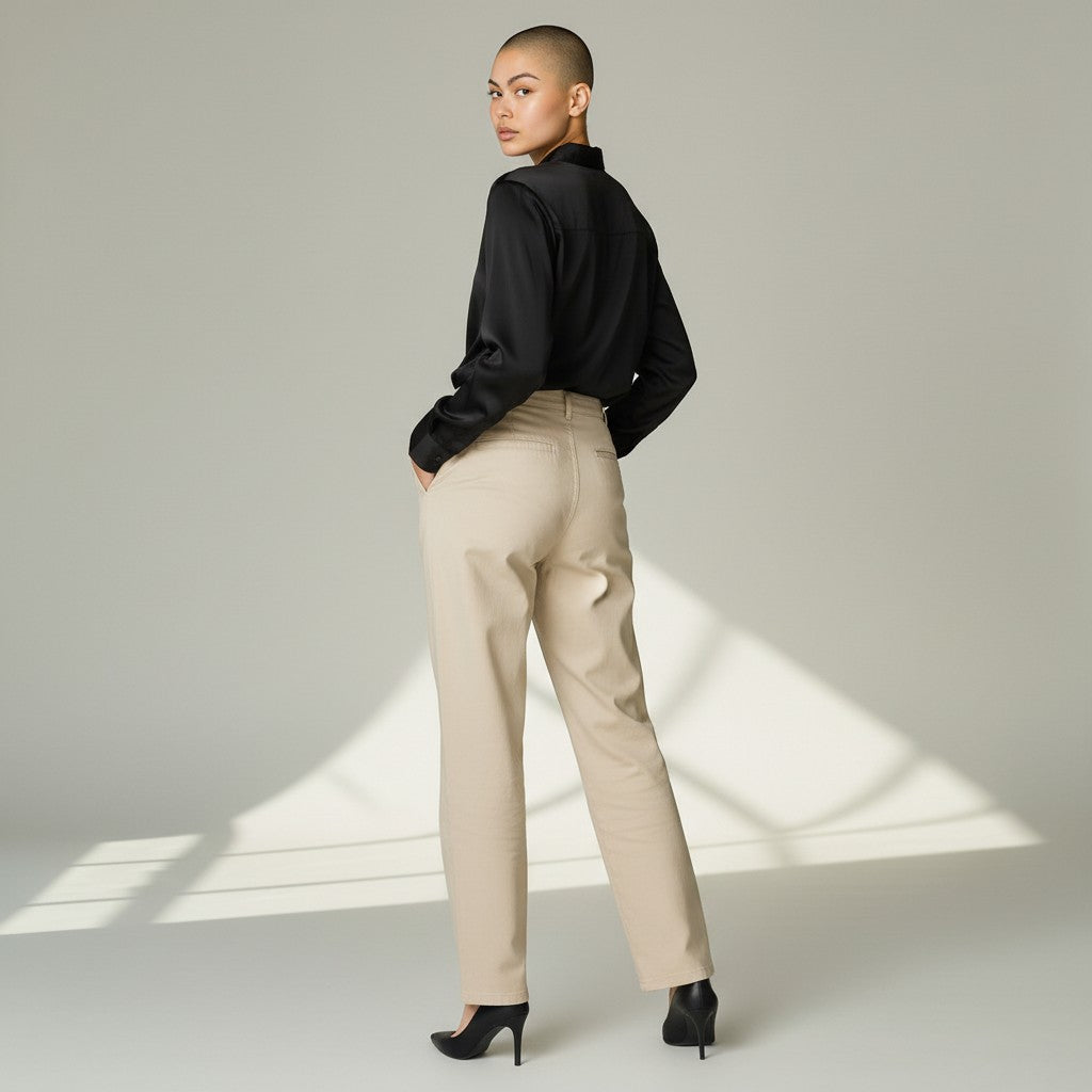 A model shown from the back wearing a black long-sleeve button-up shirt, beige straight-leg trousers, and black high heels, standing against a light gray studio background with soft window-light shadows.