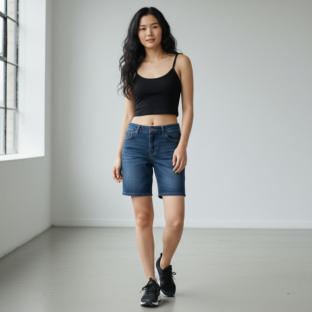 A woman stands in a bright, minimalist studio wearing a black ribbed camisole crop top, dark blue denim shorts, and black sneakers.