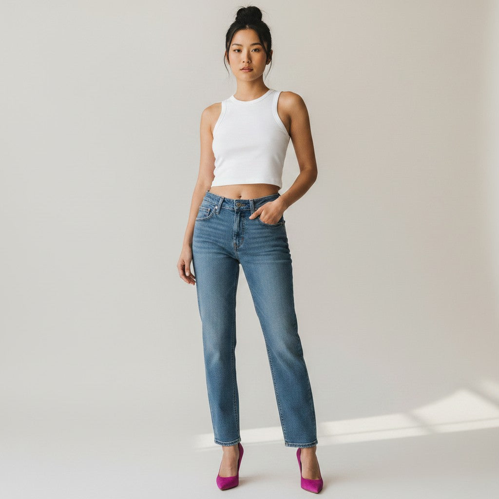 A woman modeling a white ribbed tank top and high-waisted blue straight-leg jeans, paired with bright pink heels, standing against a clean off-white studio background.