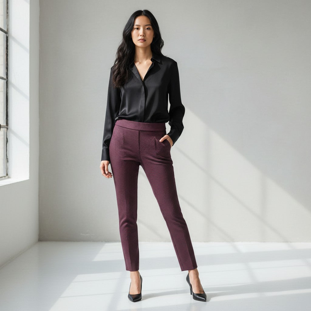 A woman stands in a bright, minimalist studio wearing a black satin long-sleeve blouse and high-waisted, ankle-length burgundy trousers with black heels.