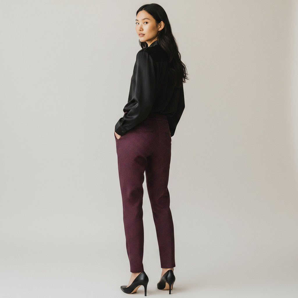 A woman stands in profile wearing a black satin blouse, burgundy slim-fit trousers, and black heels against a plain light gray studio background.