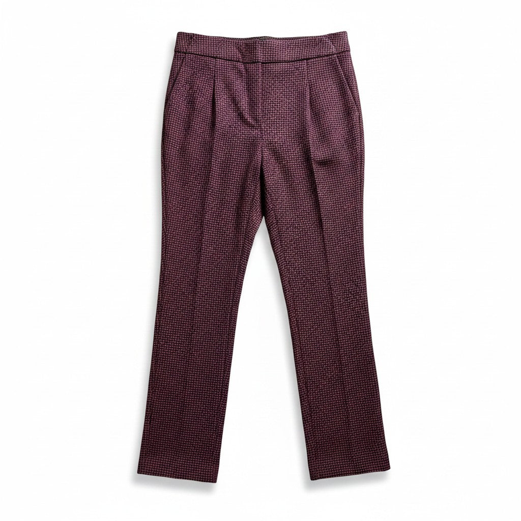 A pair of women's cropped trousers in a textured, small-scale micro-pattern of deep plum purple and black, shown flat against a white background.