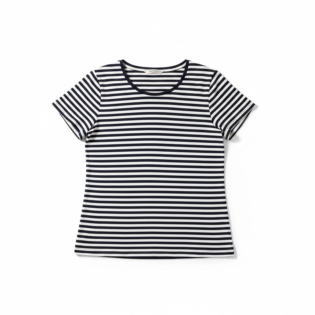 A women's short-sleeve crewneck top with horizontal black and white stripes, displayed flat against a plain white background.
