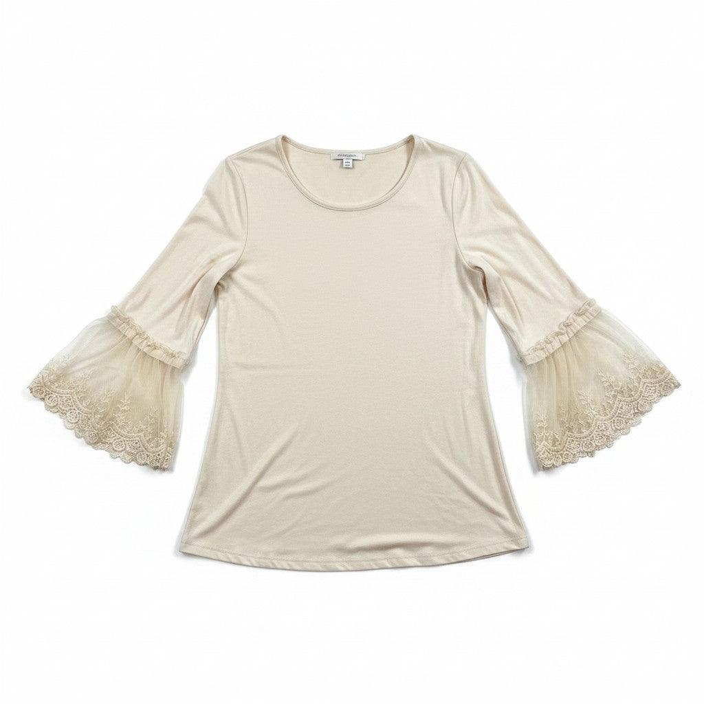 A cream-colored long-sleeve top with sheer bell sleeves featuring lace trim at the cuffs, laid flat against a white background.