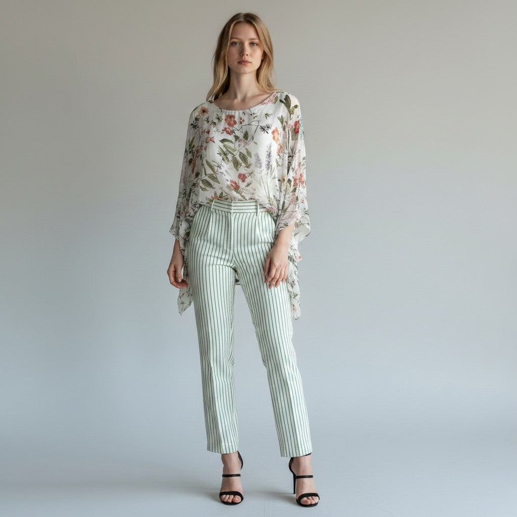 A woman stands against a light gray studio background wearing a loose floral blouse with sheer flutter sleeves and light green and white pinstriped cropped pants, paired with black strappy heels.