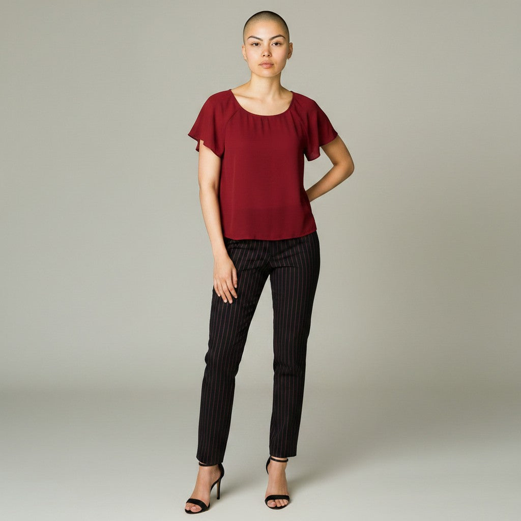 A woman modeling a short-sleeve burgundy top with ruffled sleeves and black pinstripe trousers, standing against a neutral light gray studio background.