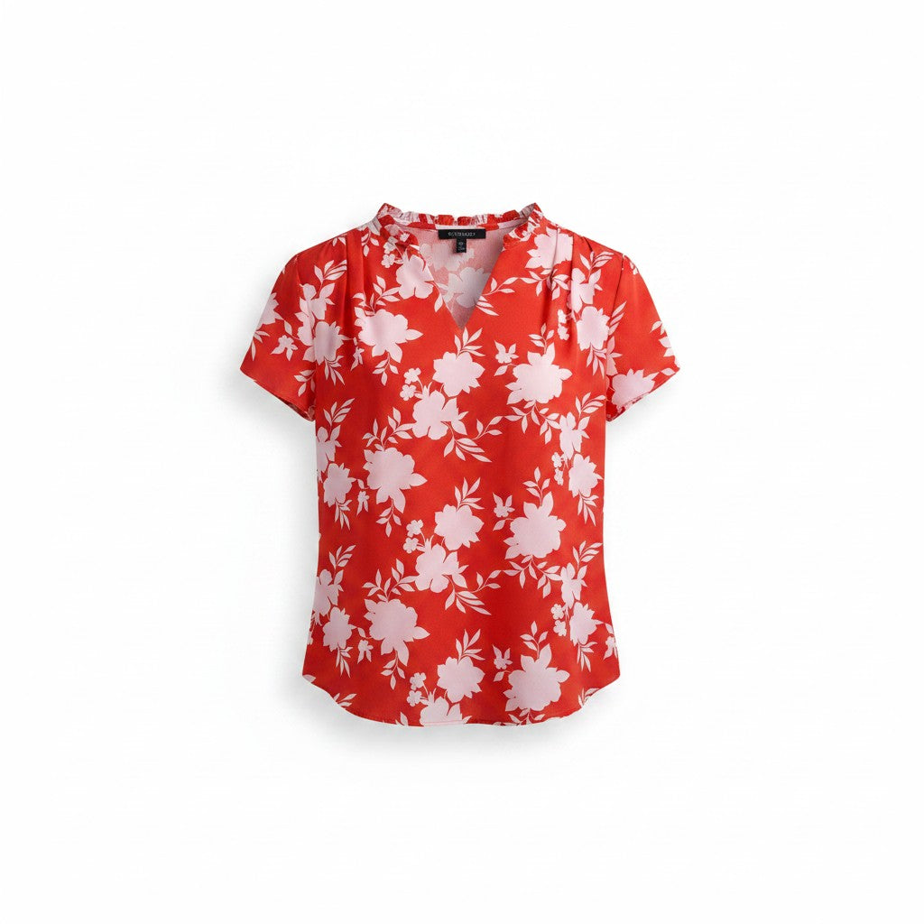 A red short-sleeve blouse with a white floral print, displayed flat against a white background.