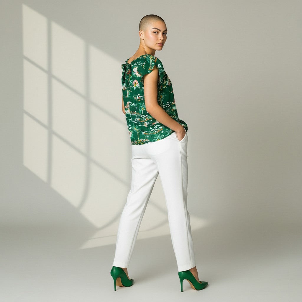 A model wearing a green tropical print top and white trousers, standing in a studio with window shadow projections on a light gray background.