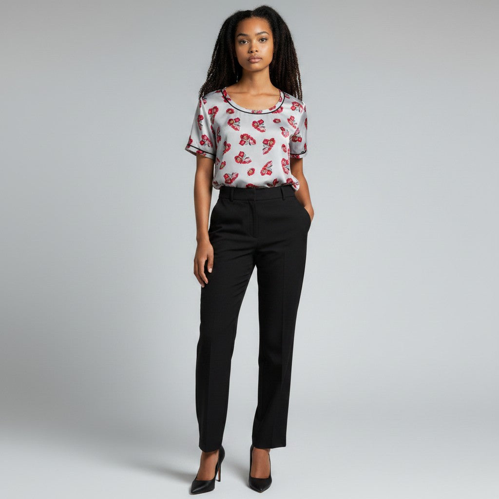 A woman modeling a short-sleeve white top with a red and black heart pattern, paired with black trousers and black heels, against a light gray studio background.