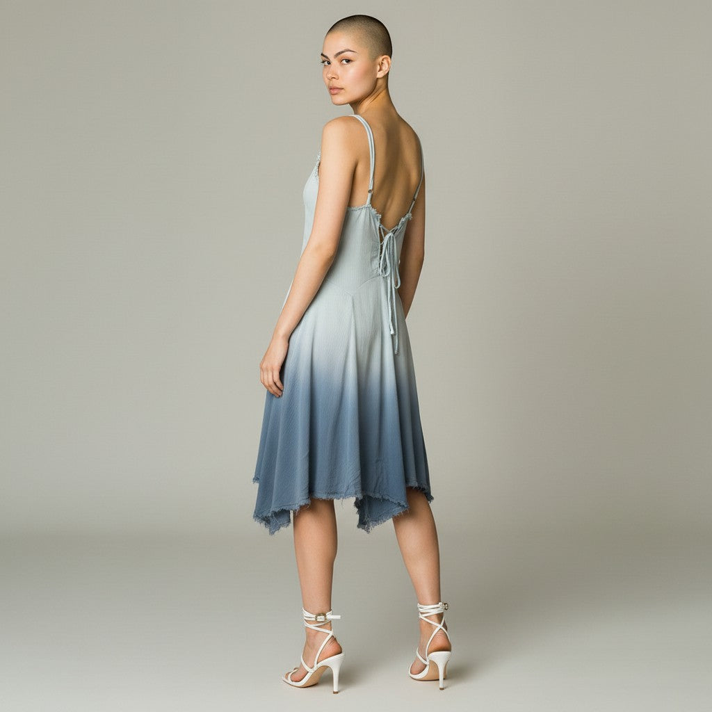 A woman modeling a sleeveless midi dress with a blue-to-white ombré gradient and an open back with tie details, paired with white strappy high-heeled sandals, set against a plain light gray studio background.