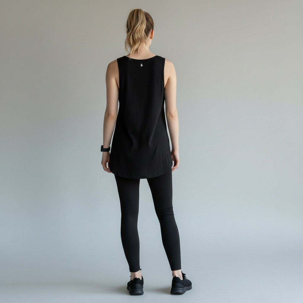 A woman wearing a sleeveless black and neon shirt and black leggings on a studio gray background.