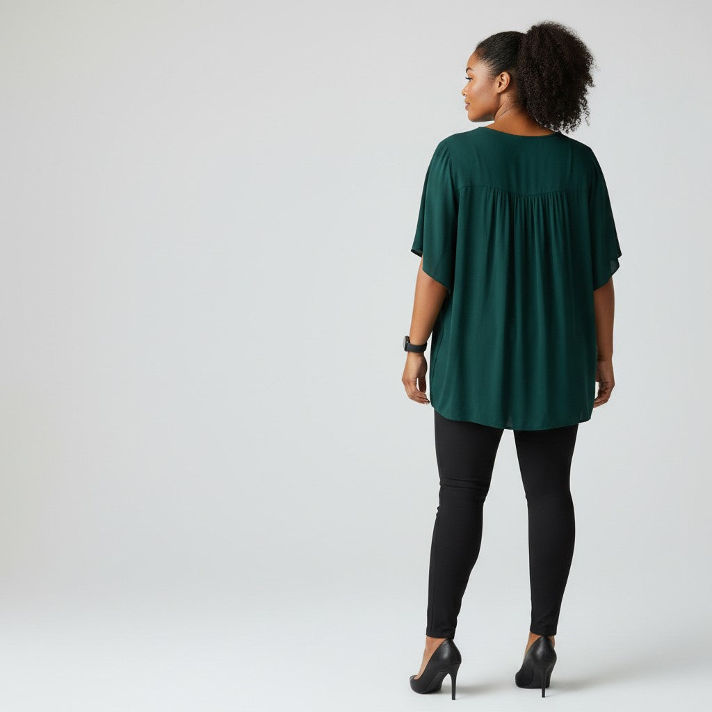 A woman wearing a green shirt, black leggings, black high heels on a studio gray background.
