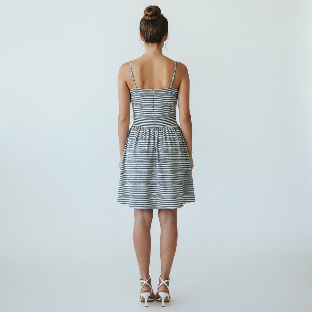 A woman viewed from behind wearing a sleeveless, knee-length striped dress with thin straps and a gathered skirt, paired with white strappy high heels, against a plain light gray studio background.